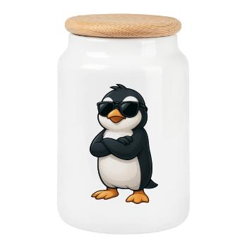 pingouin cool avec des bras entrelacés gamer dessin animé - Boîte à biscuits avec couvercle en bois - blanc - Devant