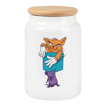 Playful Cat with Mouse Pattern - Cookie Jar with Wooden Lid - white - Front