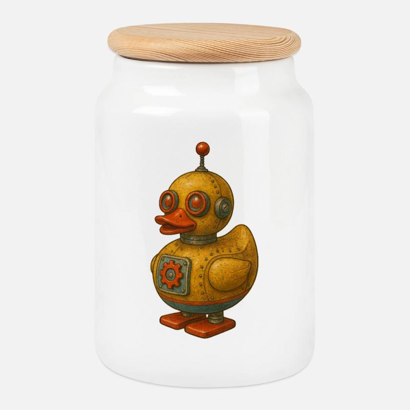 Retro Blech Roboter Ente - Keksdose mit Holzdeckel - Weiß