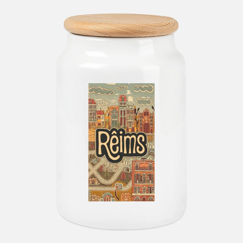 Reims Stadtbild Retro Illustration - Keksdose mit Holzdeckel - Weiß