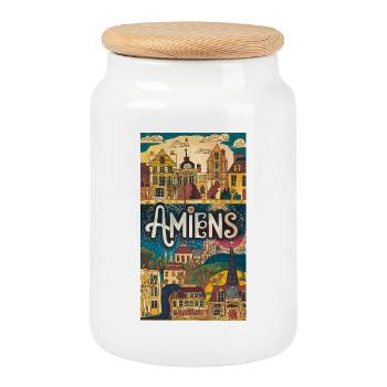 Amiens Cityscape Whimsy France City - Cookie Jar with Wooden Lid - white - Front