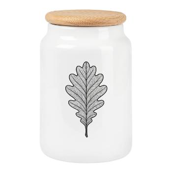 Monochrome oak leaf design - Cookie Jar with Wooden Lid - white - Front