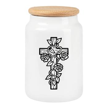 Cross with Roses Vines Nature Vector - Cookie Jar with Wooden Lid - white - Front