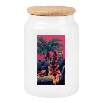 Neon Dog and Owl in the Tropics - Cookie Jar with Wooden Lid - white - Front