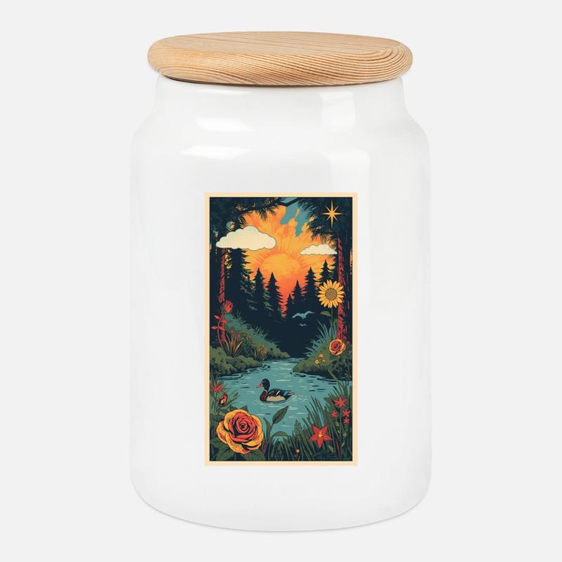 Étang au coucher de soleil dans le paysage - Boîte à biscuits avec couvercle en bois - blanc