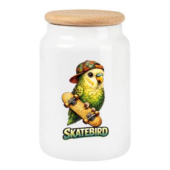 Skatebird – Tropischer Papagei mit Skateboard & Ca - Keksdose mit Holzdeckel - Weiß - Vorne