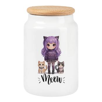 Kawaii Meow Girl with Cats - Cookie Jar with Wooden Lid - white - Front