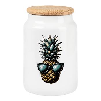 Pineapple with sunglasses – tropical flair - Cookie Jar with Wooden Lid - white - Front