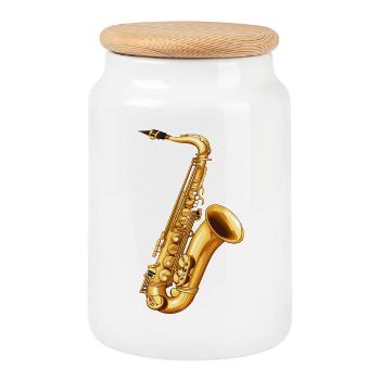 Golden Saxophone Motif - Cookie Jar with Wooden Lid - white - Front