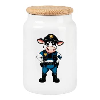 Vache policière - Boîte à biscuits avec couvercle en bois - blanc - Devant