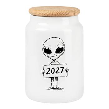 cute alien - Cookie Jar with Wooden Lid - white - Front
