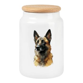German Shepherd Portrait Illustration - Cookie Jar with Wooden Lid - white - Front