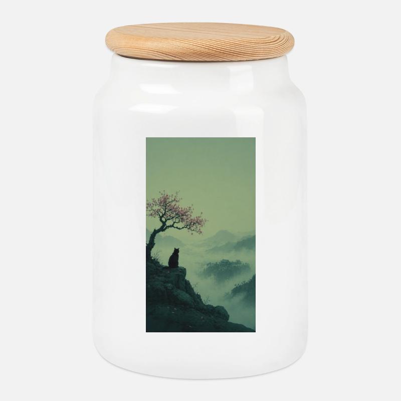 Schwarze Katze am Sakura-Baum – Asian Zen Design - Keksdose mit Holzdeckel - Weiß