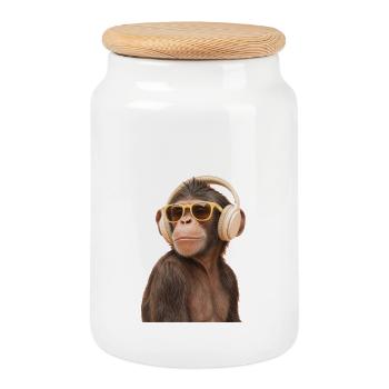 Singe cool avec un casque - Boîte à biscuits avec couvercle en bois - blanc - Devant