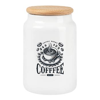 Kaffeetasse mit Kaffeebohnen und Schriftzug - Keksdose mit Holzdeckel - Weiß - Vorne