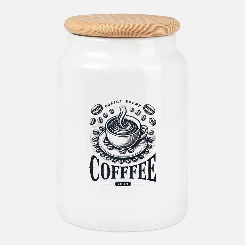 Kaffeetasse mit Kaffeebohnen und Schriftzug - Keksdose mit Holzdeckel - Weiß