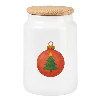 Christmas ball with Christmas tree - Cookie Jar with Wooden Lid - white - Front