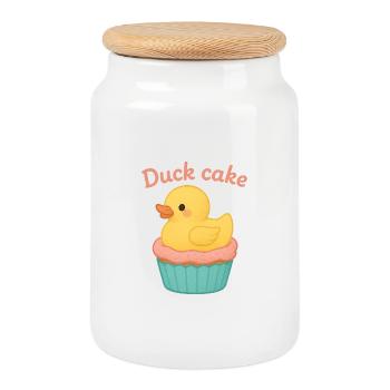 Duck Cake – Süses Entchen auf Cupcake Design mit H - Keksdose mit Holzdeckel - Weiß - Vorne