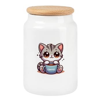 Chat avec tasse à café 4 - Boîte à biscuits avec couvercle en bois - blanc - Devant