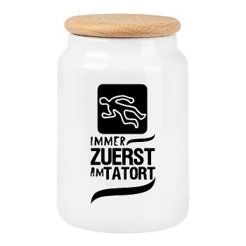 Zuerst am Tatort Polizei Kripo Geschenk Spruch - Keksdose mit Holzdeckel - Weiß - Vorne