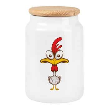 Ausdrucksstarker Cartoon-Hahn mit großen Augen - Keksdose mit Holzdeckel - Weiß - Vorne