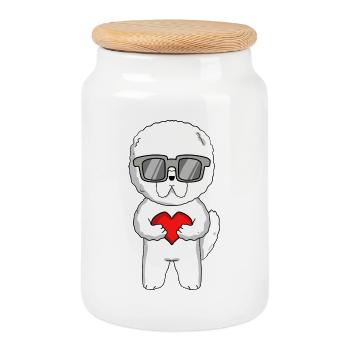 Bichon Frise avec lunettes de soleil et cœur - Boîte à biscuits avec couvercle en bois - blanc - Devant