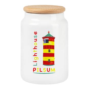 Pilsum lighthouse, landmark, drawing. - Cookie Jar with Wooden Lid - white - Front
