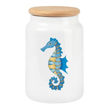 cute blue seahorse in comic style - Cookie Jar with Wooden Lid - white - Front