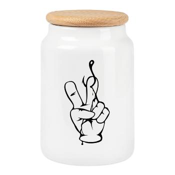 Signe de paix - main du pêcheur - Nokidding-pêche - Boîte à biscuits avec couvercle en bois - blanc - Devant