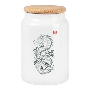 Gray Japanese dragon, Japanese kanji print style - Cookie Jar with Wooden Lid - white - Front