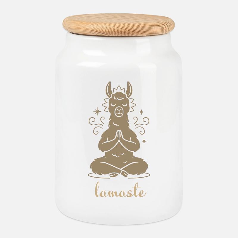 Yoga Lamaste - Lama méditant - Boîte à biscuits avec couvercle en bois - blanc