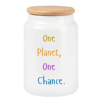 one_planet_one_chance - Cookie Jar with Wooden Lid - white - Front