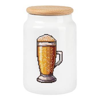 Pixelbier Krug Retro Glanz - Keksdose mit Holzdeckel - Weiß - Vorne