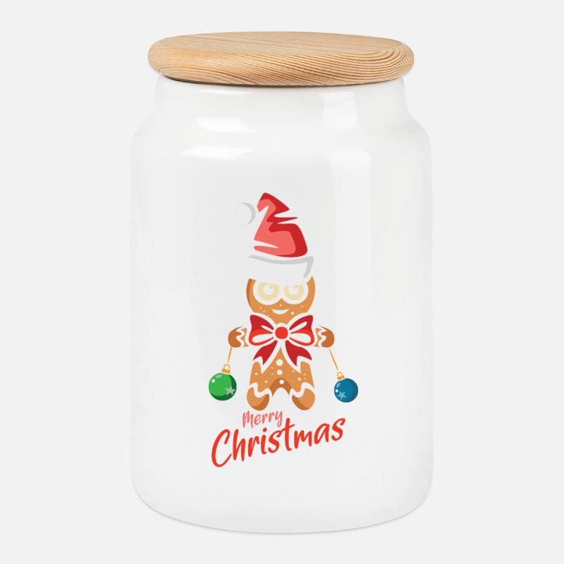 Lebkuchenmann mit Weihnachtsmütze - Keksdose mit Holzdeckel - Weiß