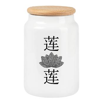 Chinesischer Lotus - Keksdose mit Holzdeckel - Weiß - Vorne