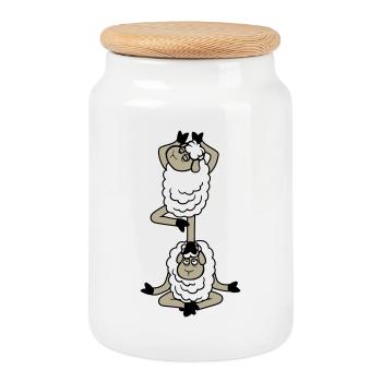 mouton fatigué somnolent yoga équilibre empilé medita - Boîte à biscuits avec couvercle en bois - blanc - Devant
