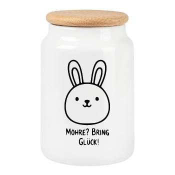 Rabbit Saying | Carrots bring good luck! - Cookie Jar with Wooden Lid - white - Front