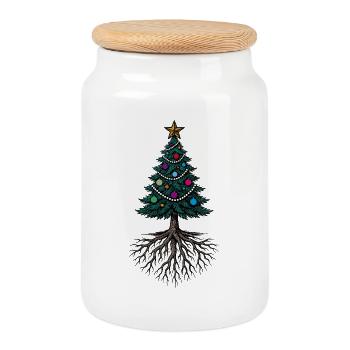 Arbre de Noël avec des racines – enraciné de manière festive - Boîte à biscuits avec couvercle en bois - blanc - Devant