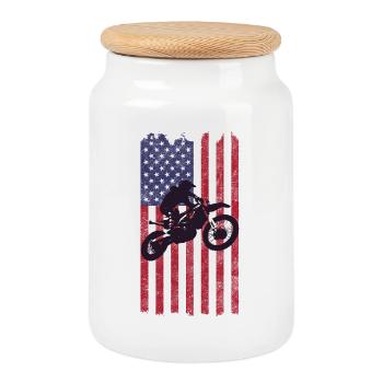 Dirt Biking USA Flag  - Cookie Jar with Wooden Lid - white - Front