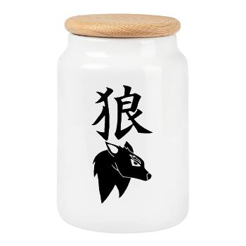 Japanese Black Wolf - Cookie Jar with Wooden Lid - white - Front