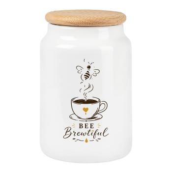 Design de tasse à café BEE Brewtiful - Boîte à biscuits avec couvercle en bois - blanc - Devant