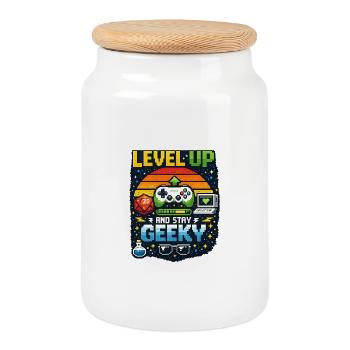 Level Up and Stay Geeky - Cookie Jar with Wooden Lid - white - Front