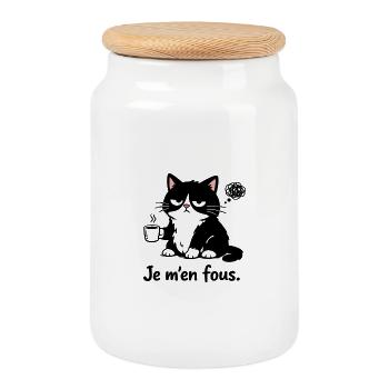Je m’en fous – Chat blasé et café humour  - Boîte à biscuits avec couvercle en bois - blanc - Devant