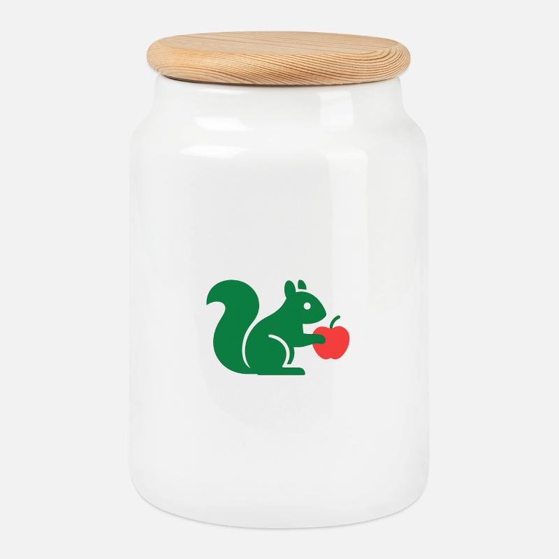 Green Squirrel with Apple - Cookie Jar with Wooden Lid - white