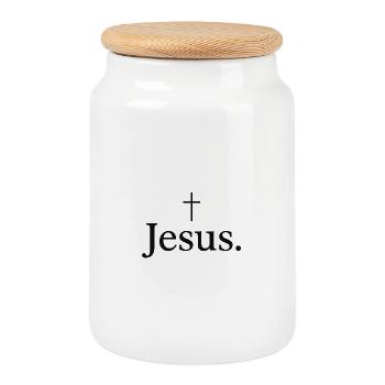 Jesus Cross Typography - Cookie Jar with Wooden Lid - white - Front