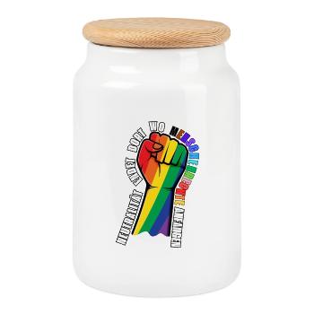 Statement-Sticker Menschenrechte - Keksdose mit Holzdeckel - Weiß - Vorne