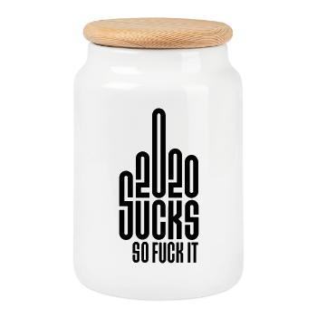2020 saugt so fick es Logo Mittelfinger fick dich - Keksdose mit Holzdeckel - Weiß - Vorne