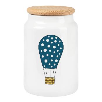 blue hot air balloon - Cookie Jar with Wooden Lid - white - Front