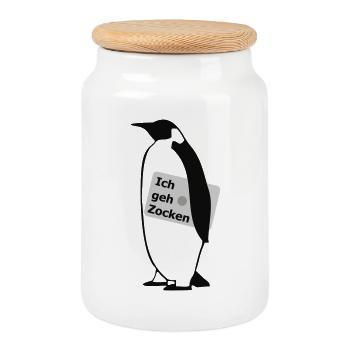 Pinguin geht Zocken - Keksdose mit Holzdeckel - Weiß - Vorne