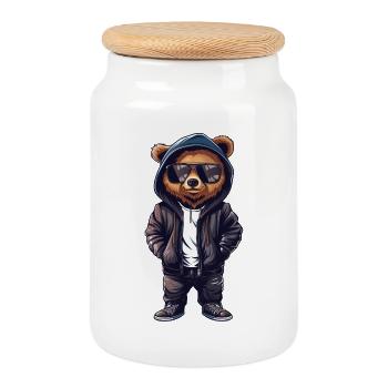 Cooles Teddybär T-Shirt, Lederjacke, Sonnenbrille - Keksdose mit Holzdeckel - Weiß - Vorne